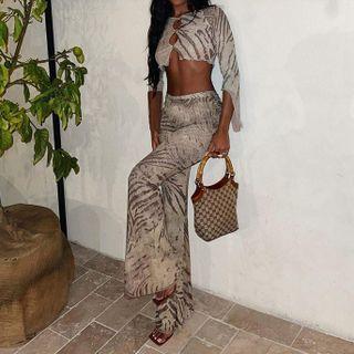 Set: 3/4-sleeve Printed Cropped T-shirt + Boot-cut Pants