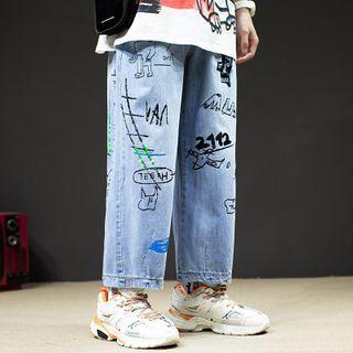 Drawstring-waist Printed Straight-cut Cropped Jeans