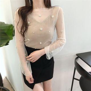Set: Beaded Sheer Mesh Top + Camisole