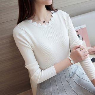 Plain Scallop Edge Long-sleeve Knit Top