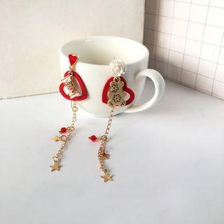 Bear & Heart Asymmetrical Alloy Dangle Earring 1 Pr - Gold - One Size