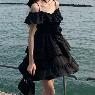 Cold-shoulder Ruffle Lace Trim Mini A-line Dress Black - One Size