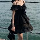 Cold-shoulder Ruffle Lace Trim Mini A-line Dress Black - One Size
