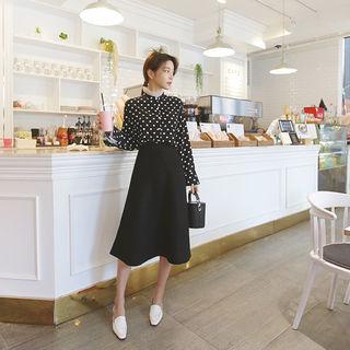 Set: Polka-dot Blouse + Knit Flare Skirt