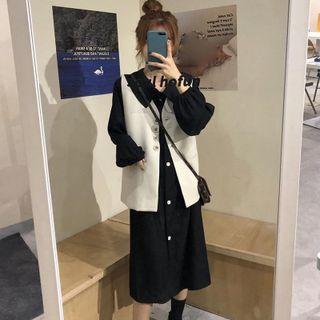 Plain Midi A-line Dress / Button-up Vest / Set
