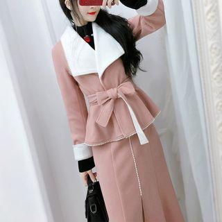 Set: Contrast Trim Tie-waist Coat + Midi Skirt
