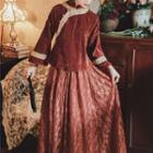 Corduroy Long-sleeve Top / A-line Maxi Lace Skirt / Set