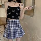 Butterfly Embroidery Spaghetti Strap Top / Plaid Skirt