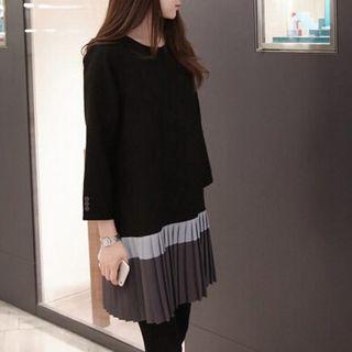 Long-sleeve Color Block Pleated Hem Panel Dress