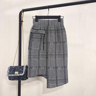 Plaid Asymmetrical Knit Skirt Black - One Size