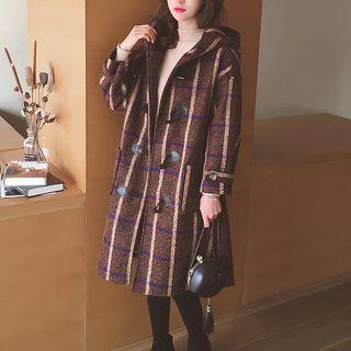 Plaid Hooded Long Toggle Coat