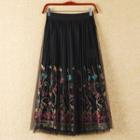 Flower Applique Midi Pleated Mesh Skirt