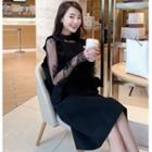Set: Long-sleeve Lace Top + Sleeveless Dress Black - One Size