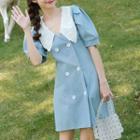 Elbow-sleeve Double-breasted Mini A-line Dress