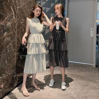 Sleeveless Ruffled Neck Dotted A-line Layered Dress