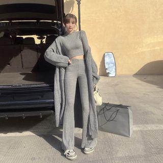 Long-sleeve Knit Top / High-waist Pants / Long Open-front Cardigan