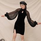 Chiffon Panel Puff-sleeve Velvet Qipao Dress