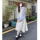 Puff-sleeve Ruffled Blouse / Patterned Midi Overall Dress