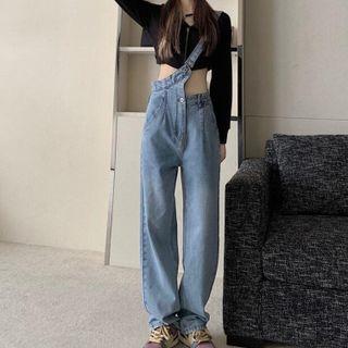 High Waist Wide Leg Jeans With Suspender