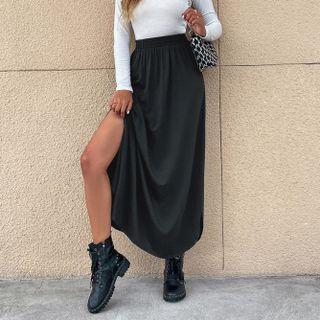 High Waist Plain Split A-line Semi Skirt