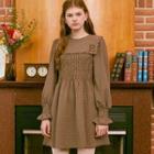 Sailor-collar Smocked Checked Dress Brown - One Size