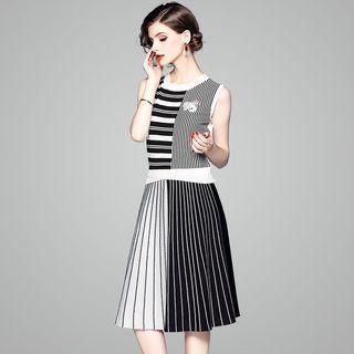 Set: Sleeveless Striped Knit Top + Striped Panel Knitted A-line Skirt Top - Stripe - Black & White - One Size / Skirt - Black & White - One Size