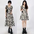 Short Sleeve Square Neck Floral Print Midi A-line Dress / Mini A-line Dress