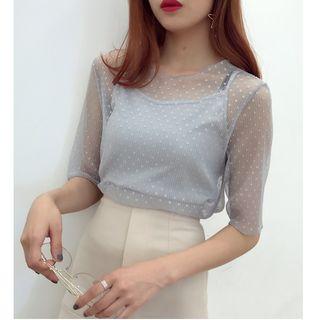 Set : Short-sleeve Mesh Top + Spaghetti Strap Top