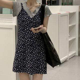 Short-sleeve T-shirt / Floral Print Mini A-line Overall Dress
