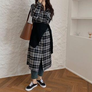 Set: Long-sleeve Plaid Midi A-line Shirt Dress + Scarf