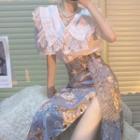 Short Sleeve Lace Collar Blouse / Floral Print Slit Maxi Skirt