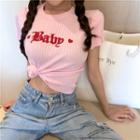 Embroidered Short-sleeve Knit Top Pink - One Size