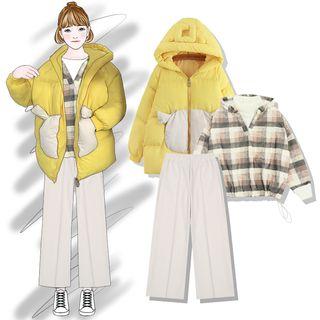 Mock Two-piece Plaid Pullover / Hooded Padded Jacket / Wide Leg Pants