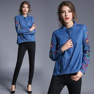 Mock Collar Embroidery Denim Top