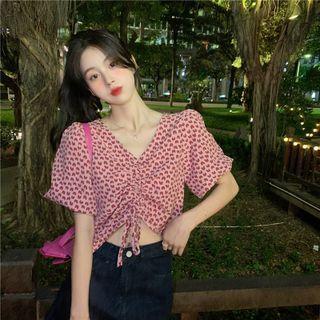 Elbow-sleeve Heart Print Drawstring Top