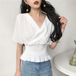 Plain V-neck Slim-fit Chiffon Top