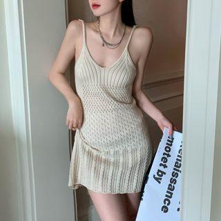 Spaghetti-strap Pointelle Knit Mini Dress Beige - One Size