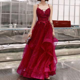 Spaghetti Strap Floral Applique A-line Evening Gown