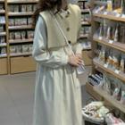Set: Long-sleeve Collared Midi A-line Dress + Button-up Sweater Vest