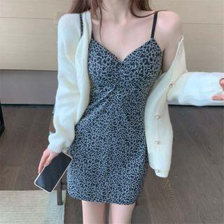 Cardigan / Spaghetti Strap Leopard Print Mini Sheath Dress