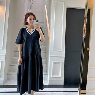 Lace-neck Ruffle Long Dress