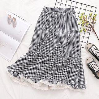 Lace Trim Gingham Check Midi A-line Skirt Gingham - Black - One Size