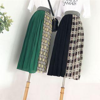Plaid Panel Pleated Midi Skirt