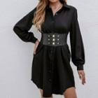 Set: Long-sleeve Plain Shirt Dress + Corset Belt