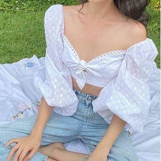 Puff-sleeve Cutout Cropped Blouse