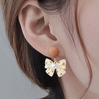 Polka Dot Bow Faux Pearl Dangle Earring 1 Pair - Orange & Beige - One Size