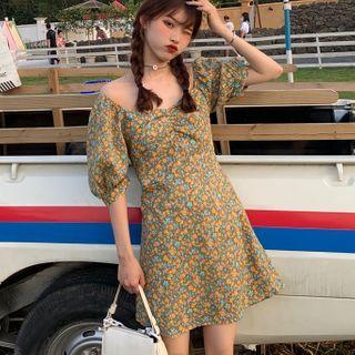 Balloon-sleeve Floral Print A-line Dress Floral - Yellow - One Size