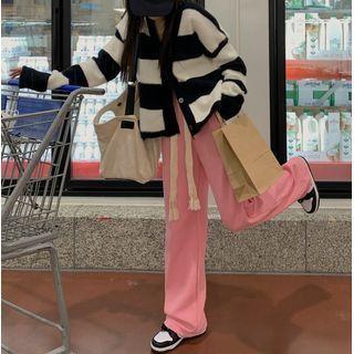 Striped Long-sleeve Cardigan / High-waist Drawstring Wide-leg Pants