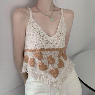 Heart Embroidered Tassel Trim Knit Camisole Top Beige - One Size