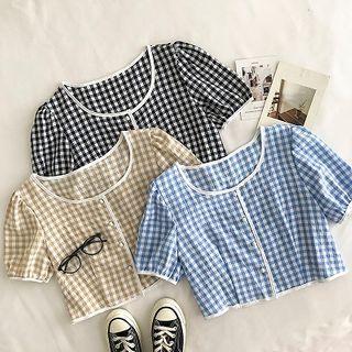 Color-block Plaid Crewneck Puff-sleeve Blouse